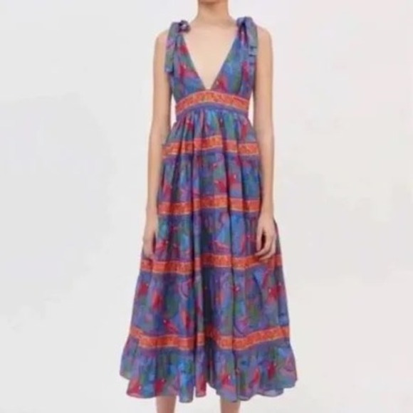 House of Harlow 1960 Dresses & Skirts - House of Harlow 1960 Blue Parrot Print Tiered Linen Blend Midi Dress Small